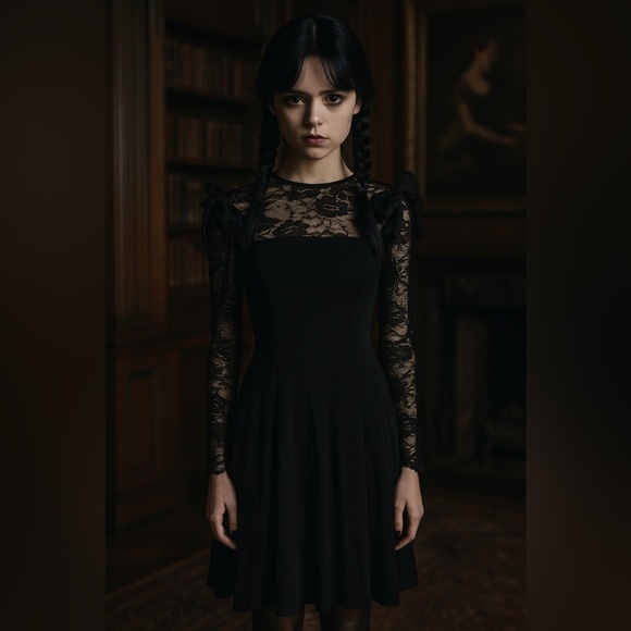 ASOS Wednesday Adams Style Goth lace frill sleeve Dress XS - Picture 1 of 5
